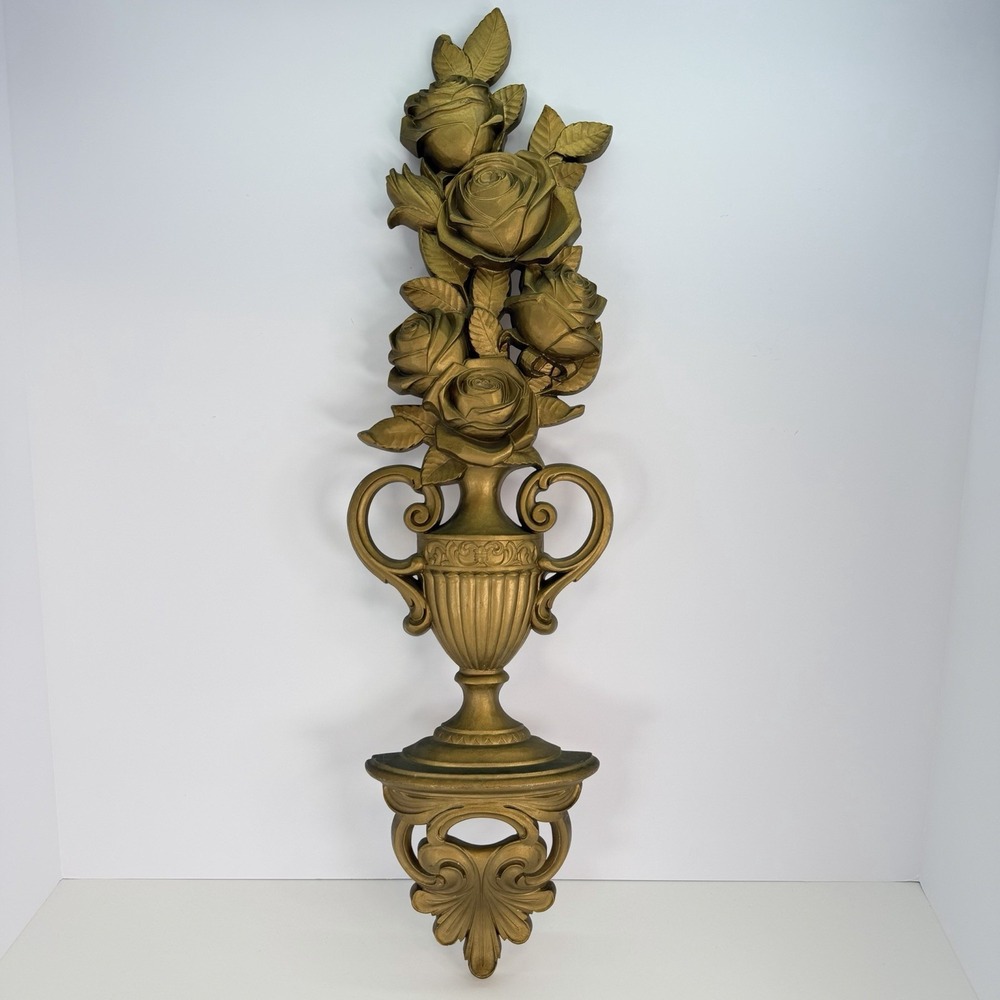 Vintage Syroco Mid Century Hollywood Regency Gold Flowers Vase Wall Hanging